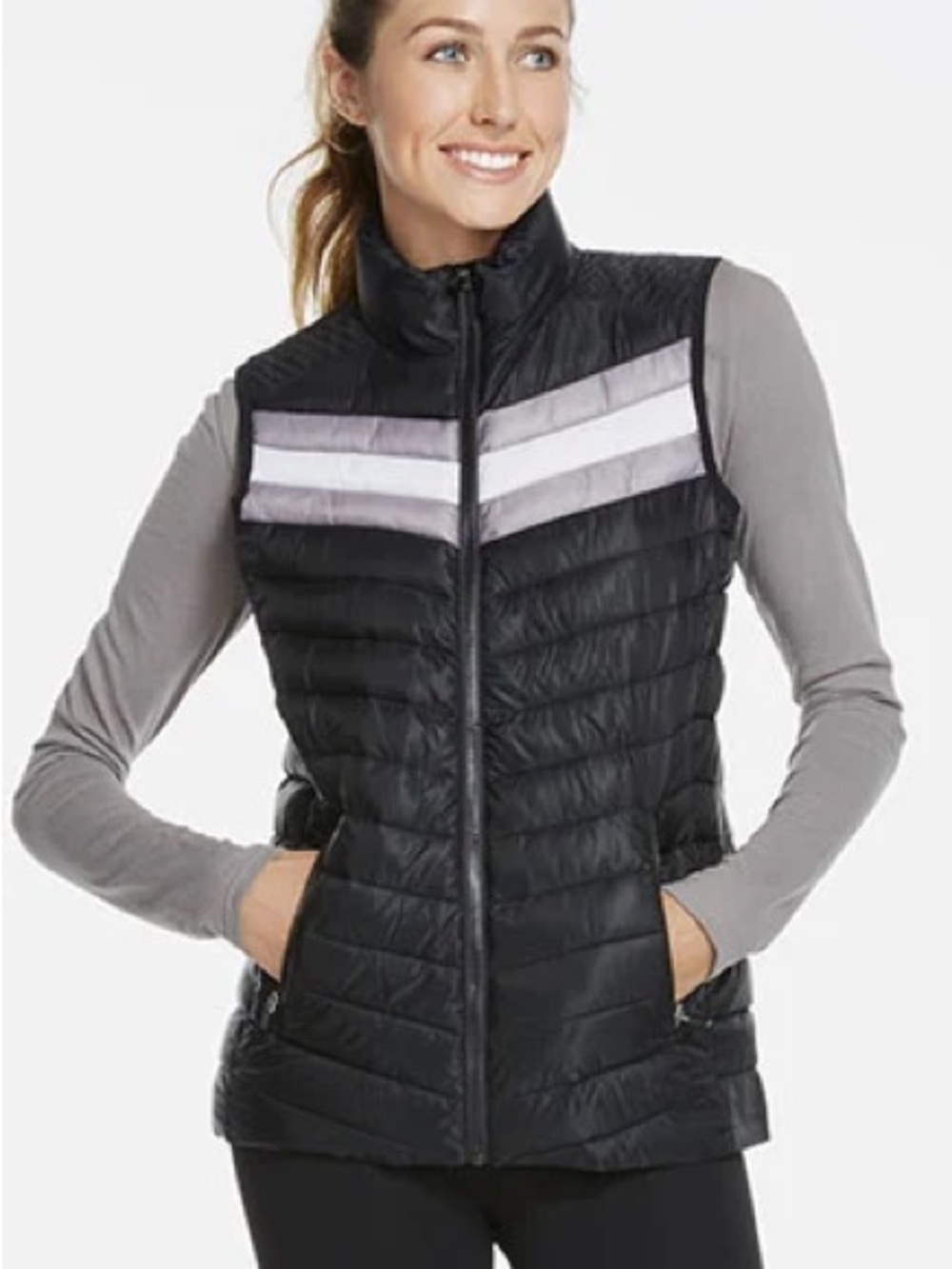 Fabletics Women's Black Quilted Puffer Vest with Reflective Chevron XS